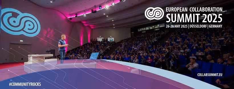 European Collaboration Summit 2025 banner, 26 to 28 May in Düsseldorf: a speaker on a pink-lit stage before a full hall