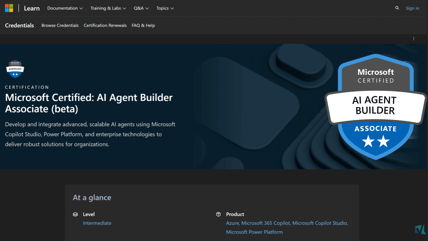AB-620 exam page on Microsoft Learn showing the AI Agent Builder Associate certification title