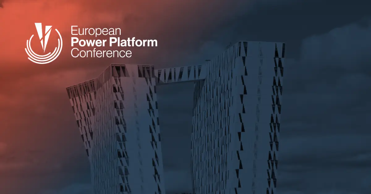 European Power Platform Conference logo over a tinted photo of the angled Bella Sky hotel towers in Copenhagen