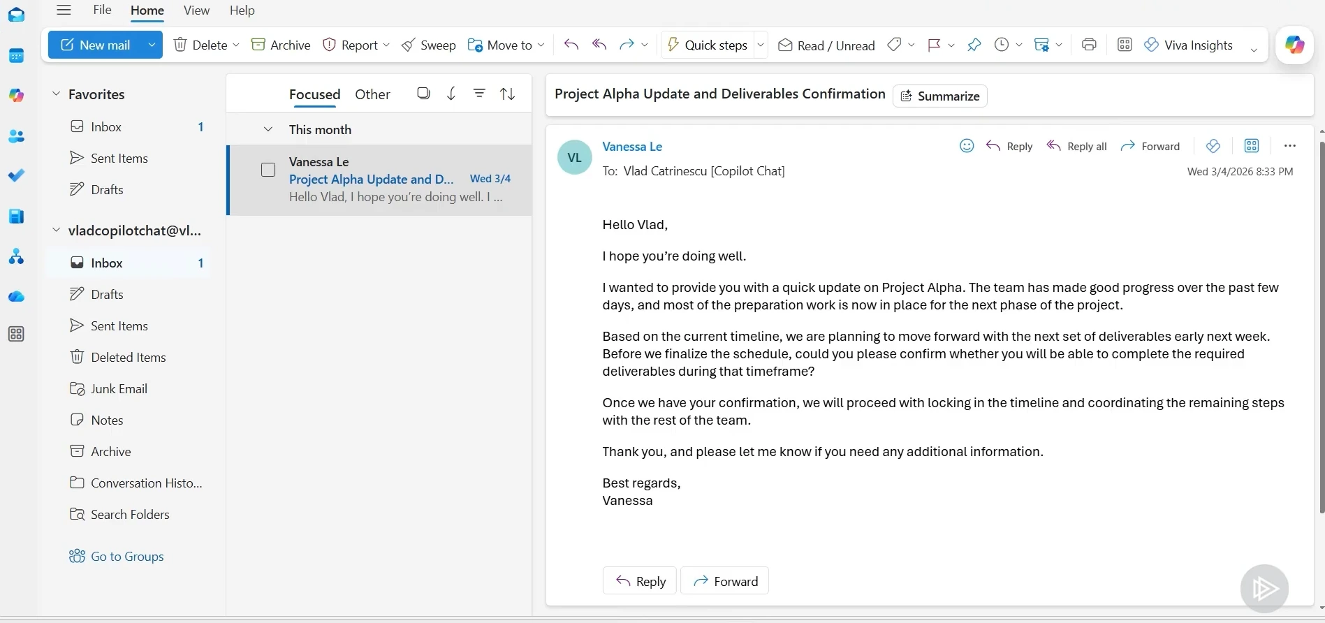 Copilot panel open in Outlook next to a project update email