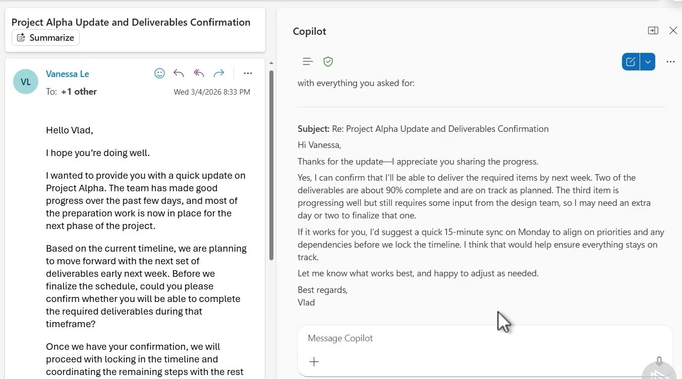 Copilot Web Chat generated email reply in Outlook