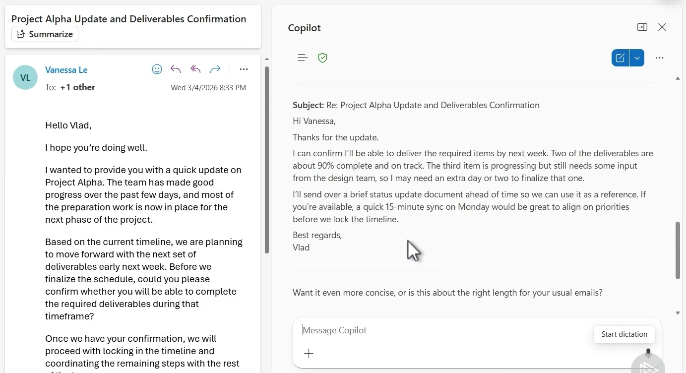 Shortened email reply after follow-up prompt in Copilot