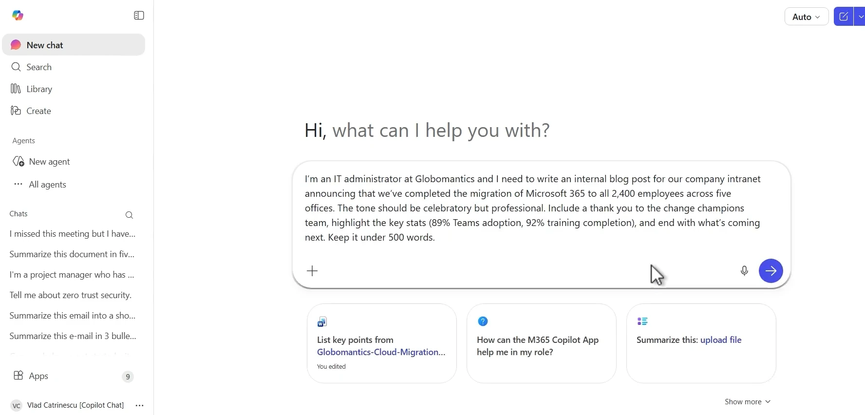 Detailed prompt for internal blog post in Microsoft 365 Copilot Chat