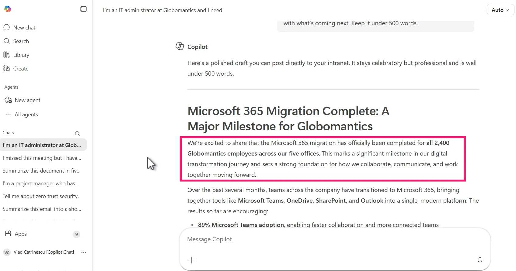 Copilot Web Chat generated internal blog post about Microsoft 365 migration