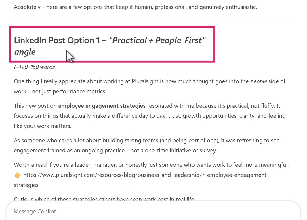 LinkedIn post options and X post generated by Copilot Web Chat