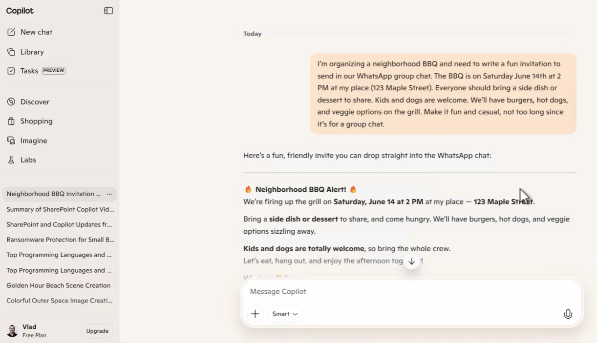 Copilot Personal generating a casual barbecue invitation message
