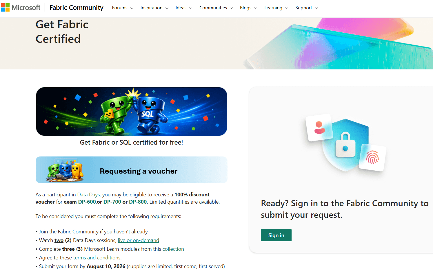 Fabric Data Days Get Certified page with qualifying steps on the Microsoft Fabric Community site