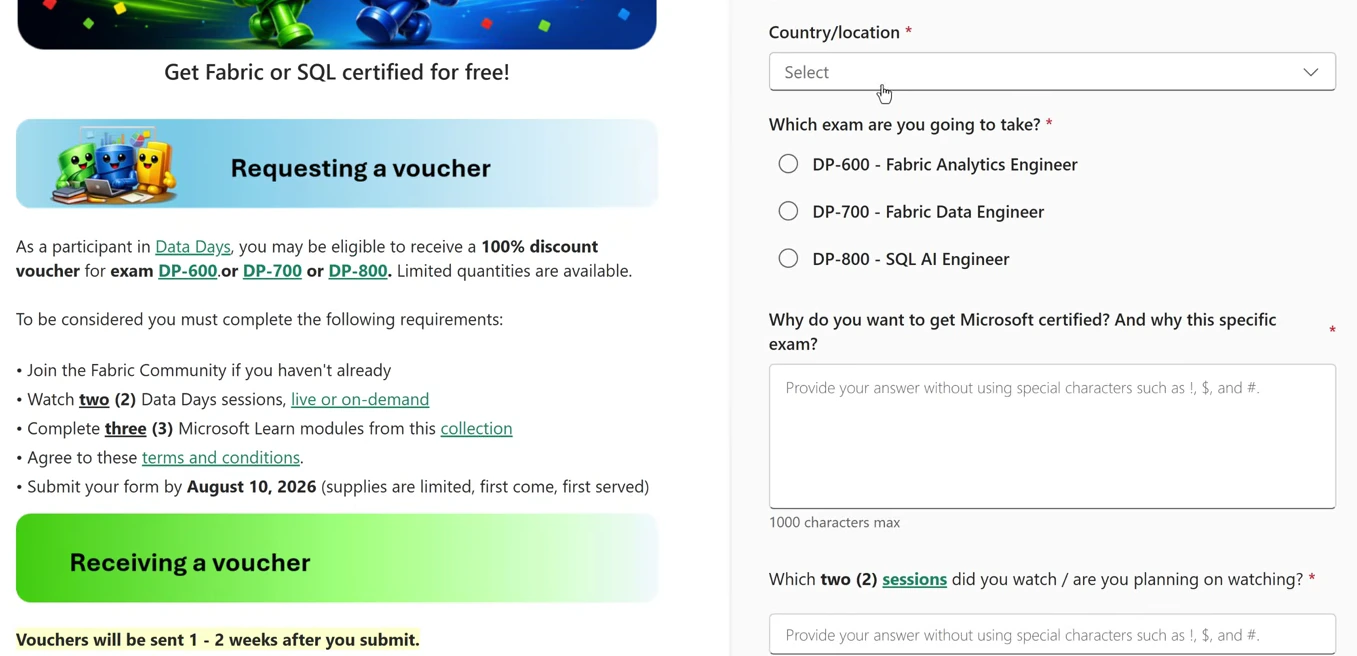 Fabric Data Days voucher request form country and exam selection fields