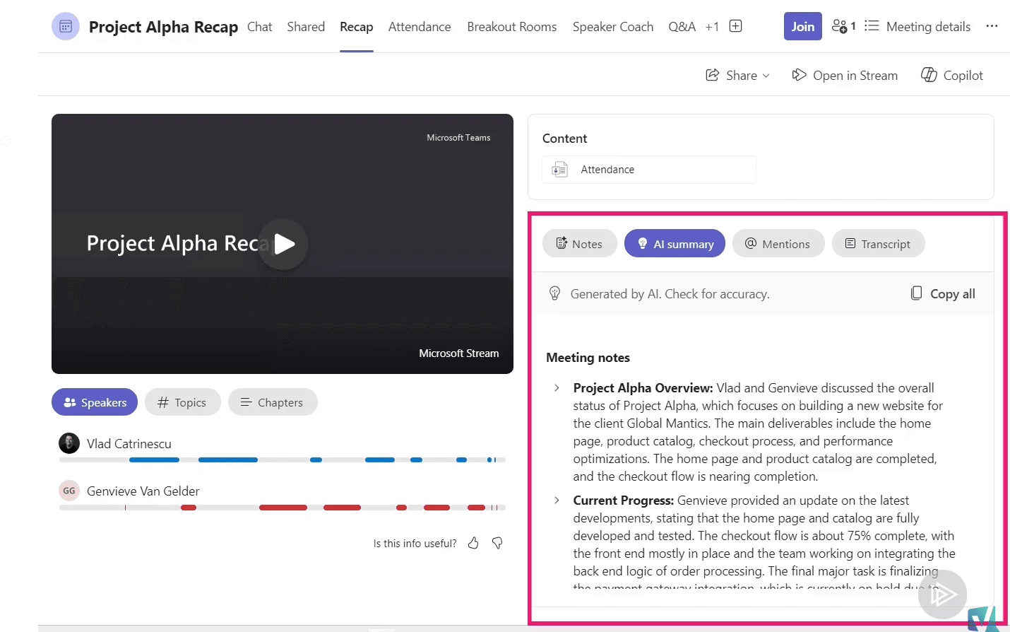 Microsoft 365 Copilot summarizing a Teams meeting recording with key points