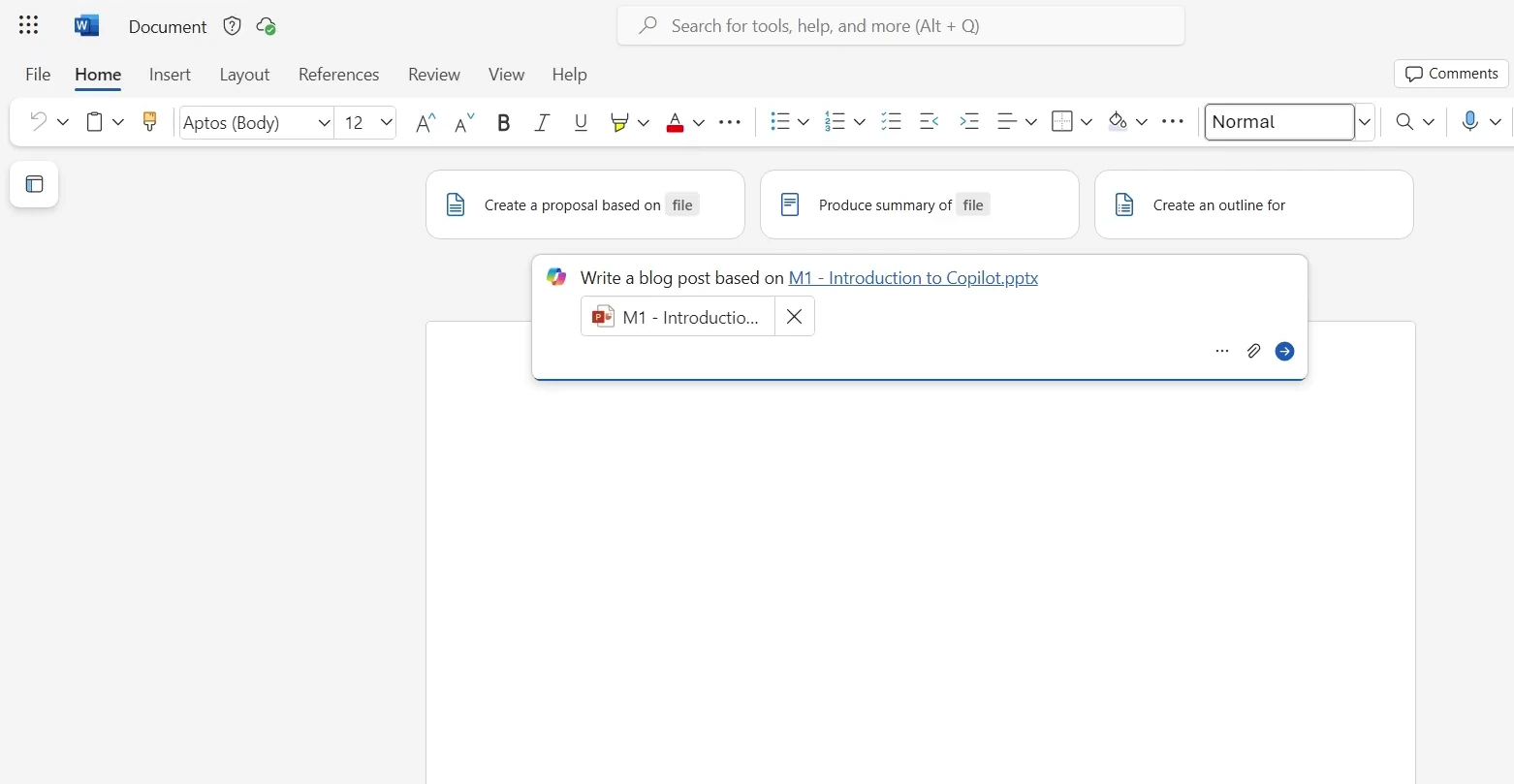 Microsoft 365 Copilot in Word transforming a PowerPoint deck into a blog post
