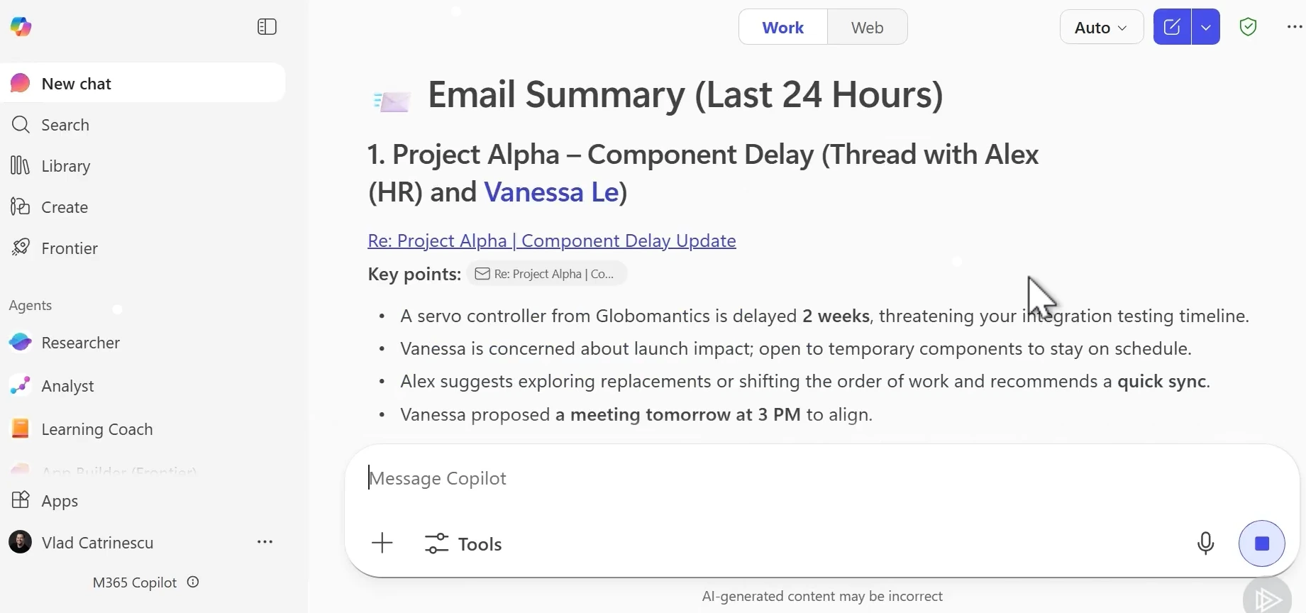 Microsoft 365 Copilot Chat summarizing 24 hours of emails, Teams messages, and meeting prep