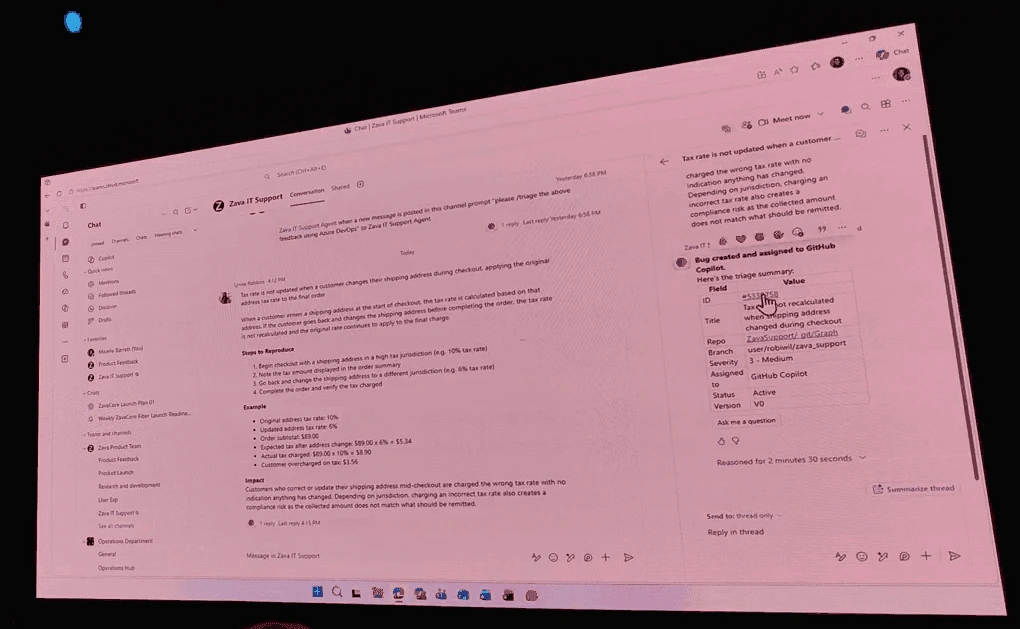 Microsoft Teams channel agent workflow demo creating an Azure DevOps bug from a chat message