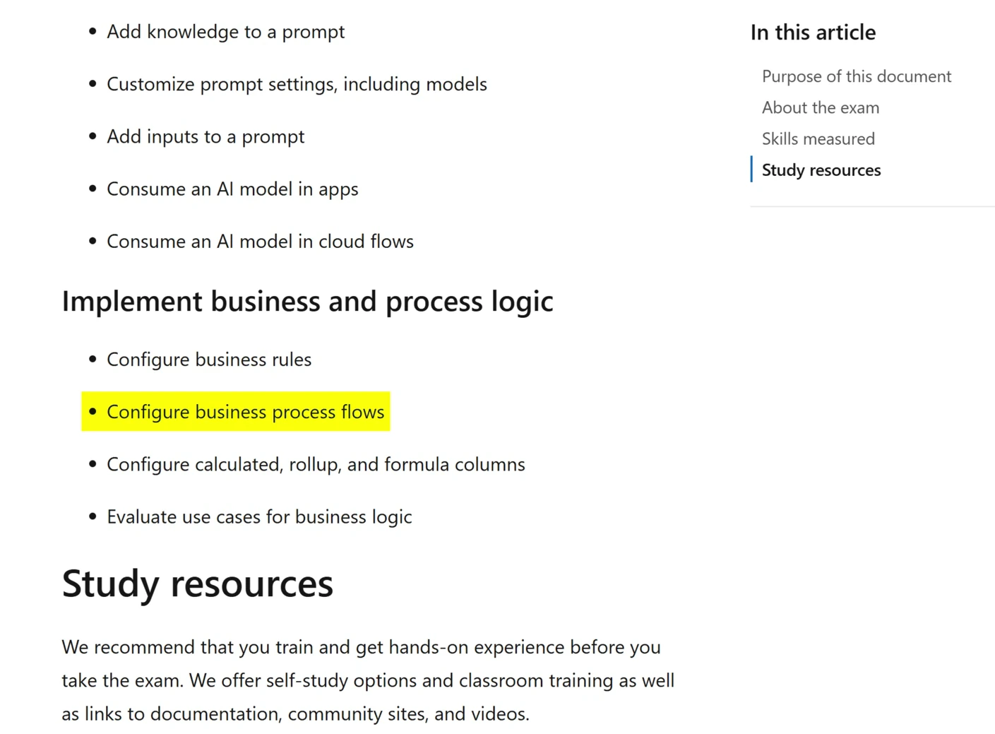 Skills list: AB-410 study guide skills showing business process flows and AI Hub tasks
