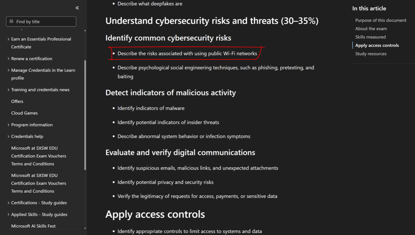 SC-730 exam skills measured table showing four cybersecurity domains and weightings from Microsoft Learn.