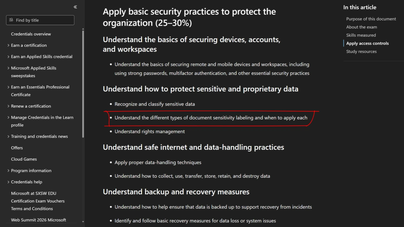 SC-730 study guide section on applying basic security practices including device security and rights management.