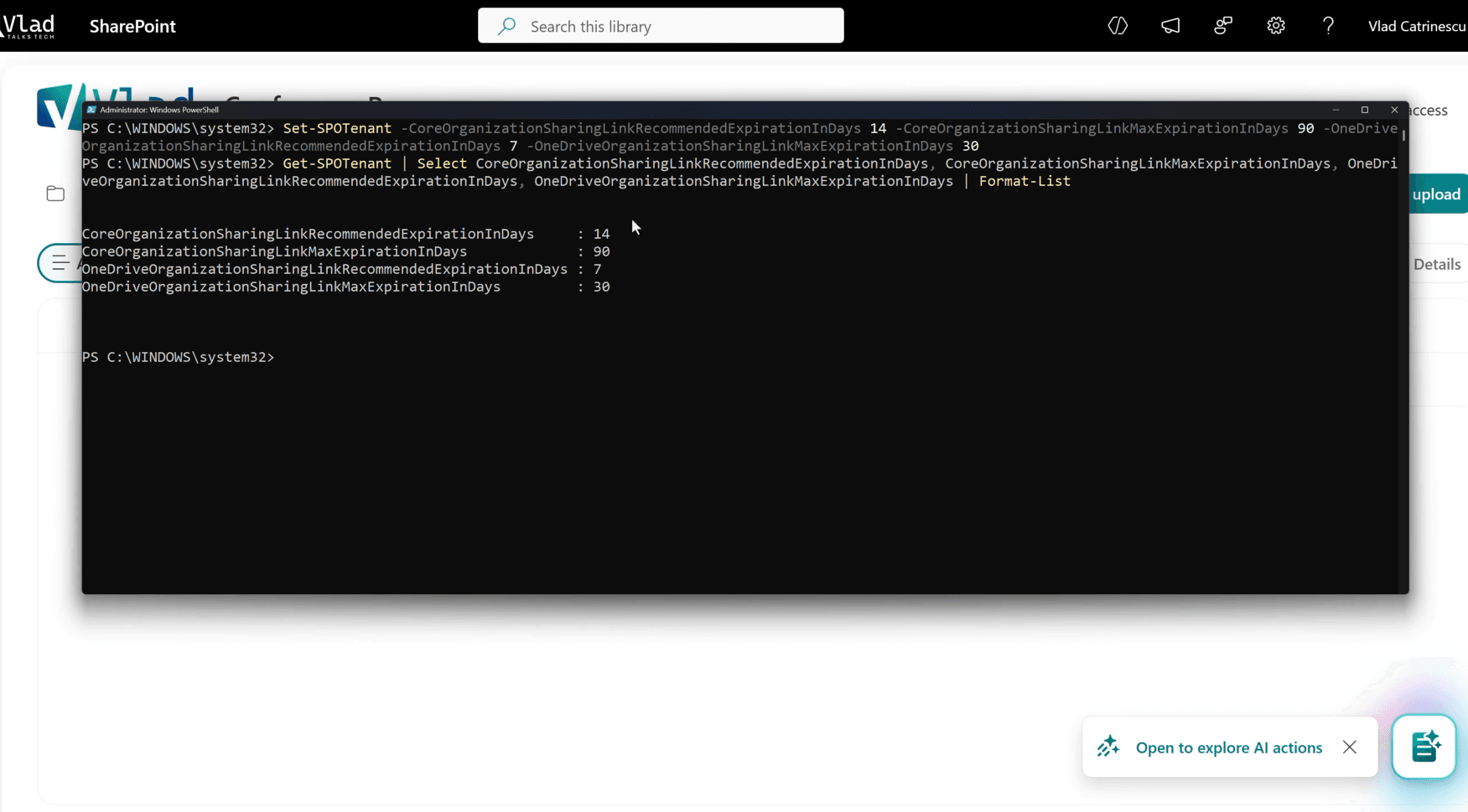 PowerShell terminal showing the Set-SPOTenant cmdlet configuring SharePoint and OneDrive organization link expiration