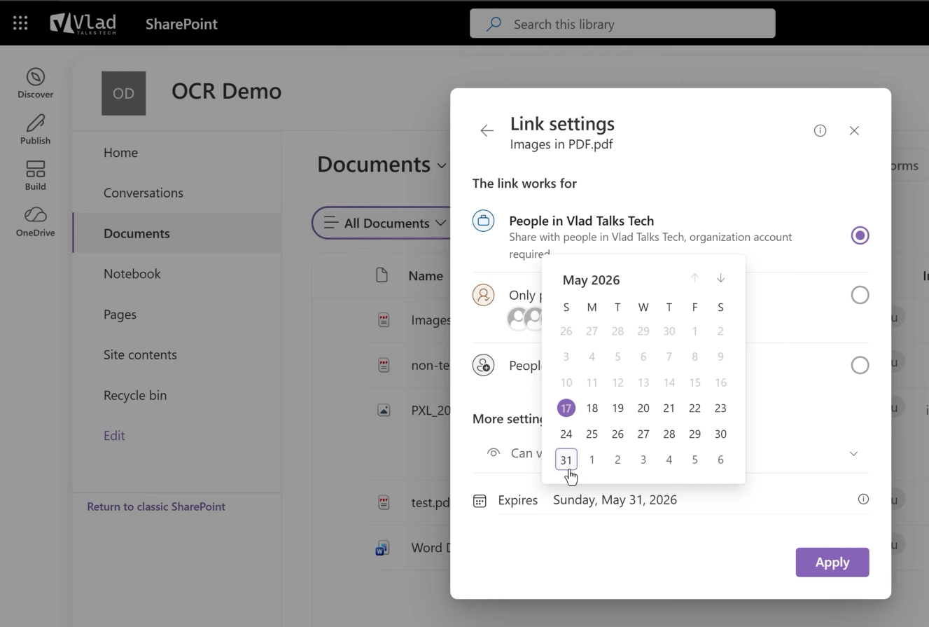 SharePoint share dialog showing People in your organization link with a 14-day recommended expiration and 90-day maximum