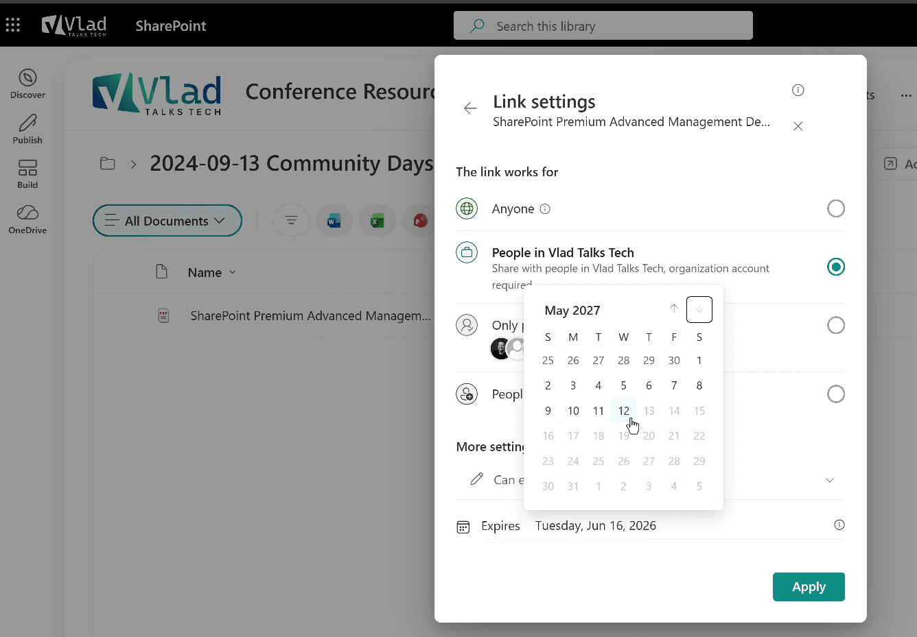 SharePoint share dialog on an overridden site showing the new 30-day default and 360-day maximum organization link expiration