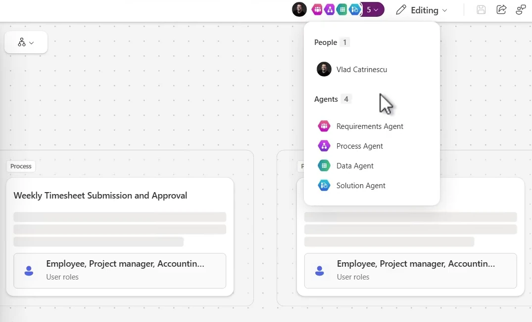 Plans in Power Apps plan designer with requirements, process, data, and solution agents across the top