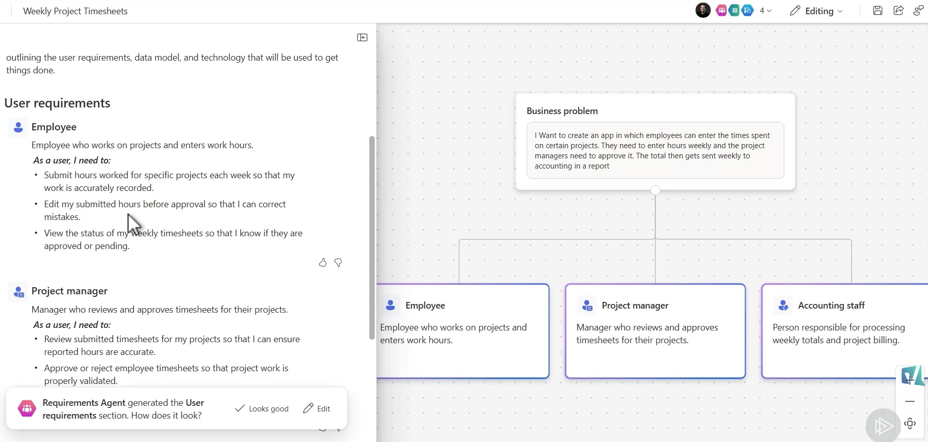 Plans in Power Apps requirements agent output showing employee, project manager, and accounting staff roles