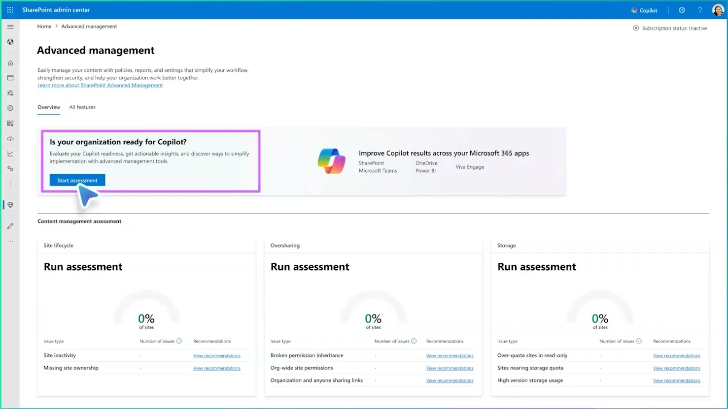 Start Assessment button in the Advanced Management area of the SharePoint admin center