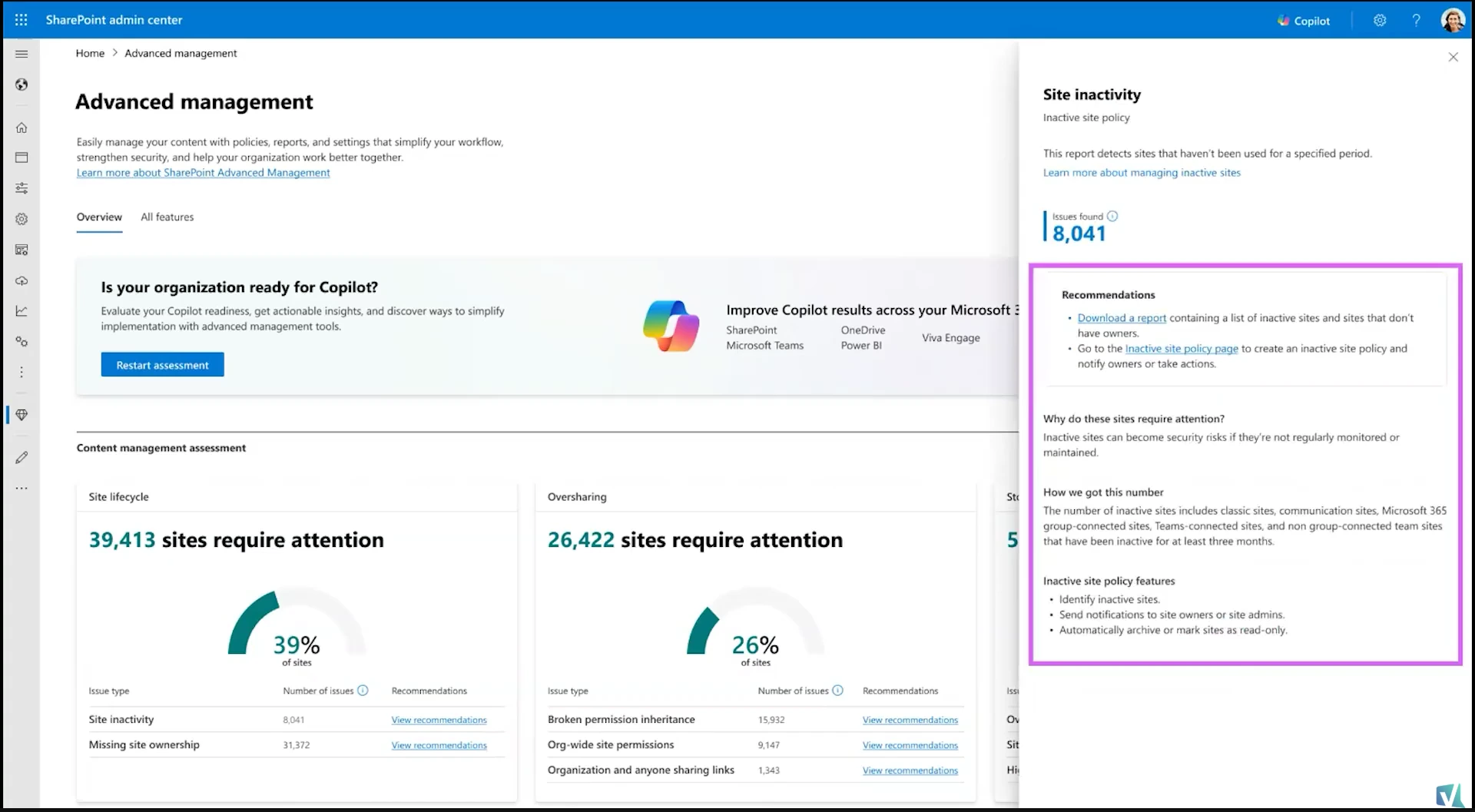 Downloaded SharePoint assessment report listing impacted sites and recommended remediation