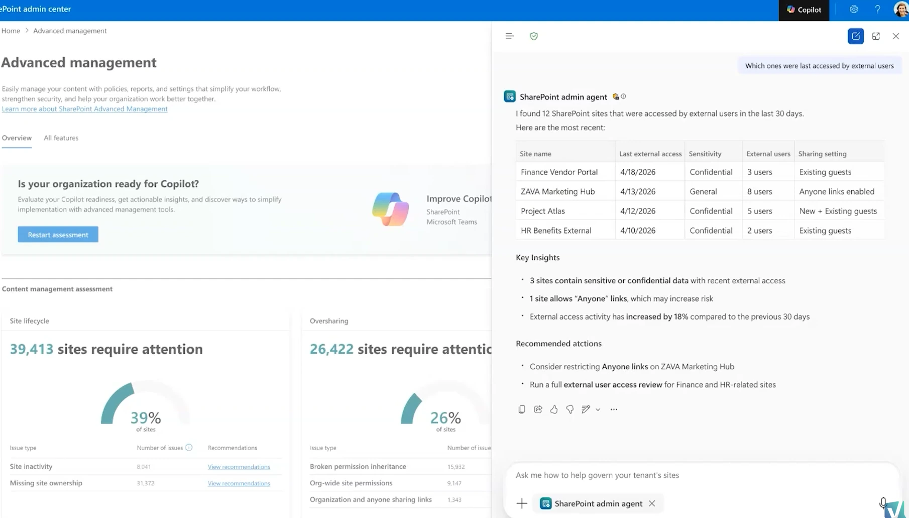SharePoint Admin Agent answering a natural language question with analysis and recommended action