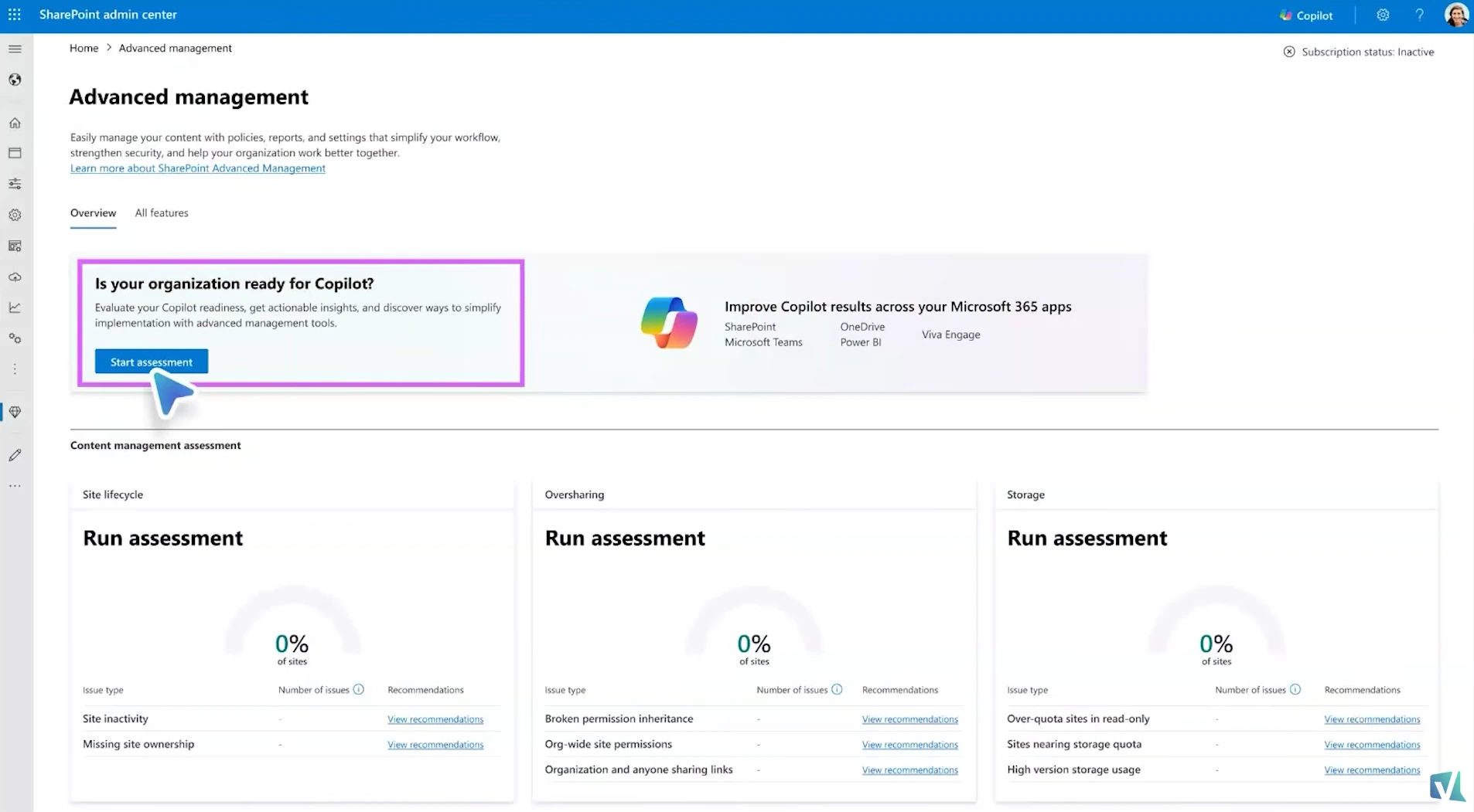 Content management assessment cards in the SharePoint admin center