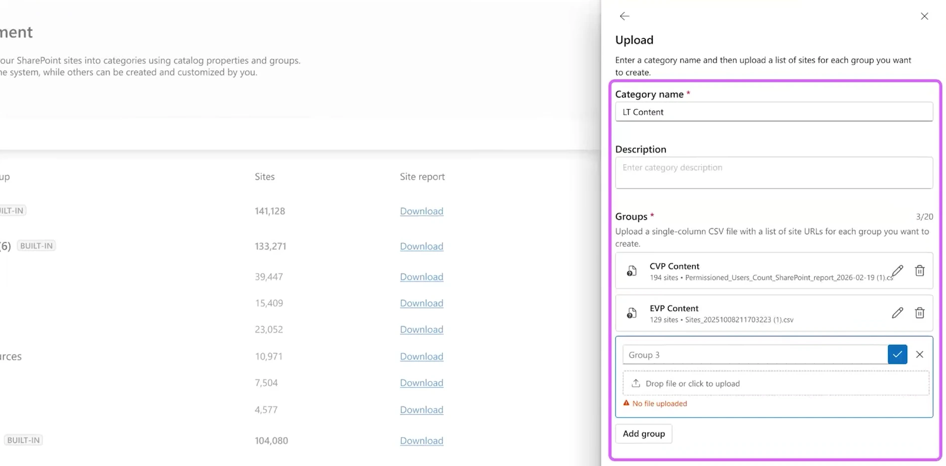 Creating a custom catalog category with uploaded site lists