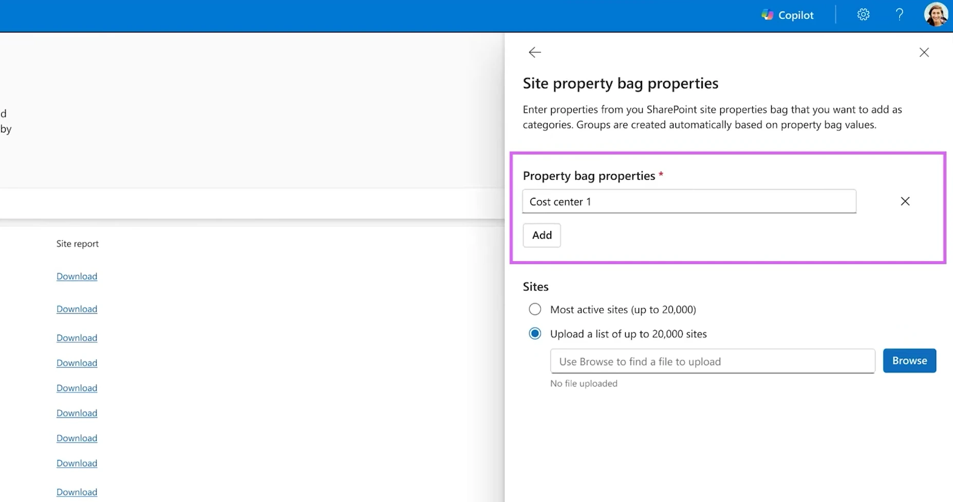 Property bag search turning a cost center property into site groups