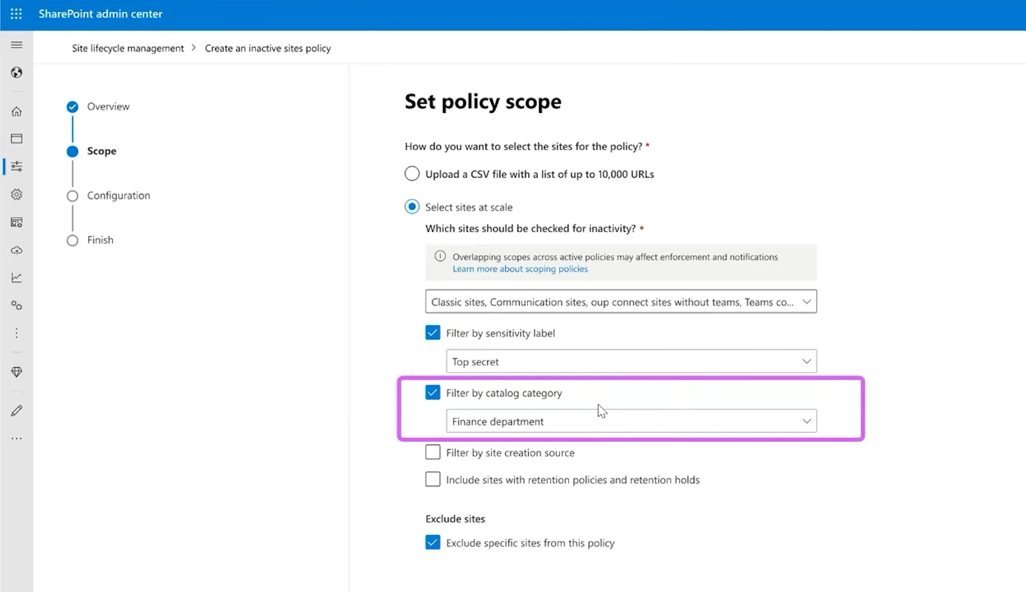 Inactive sites policy scoped to a catalog category