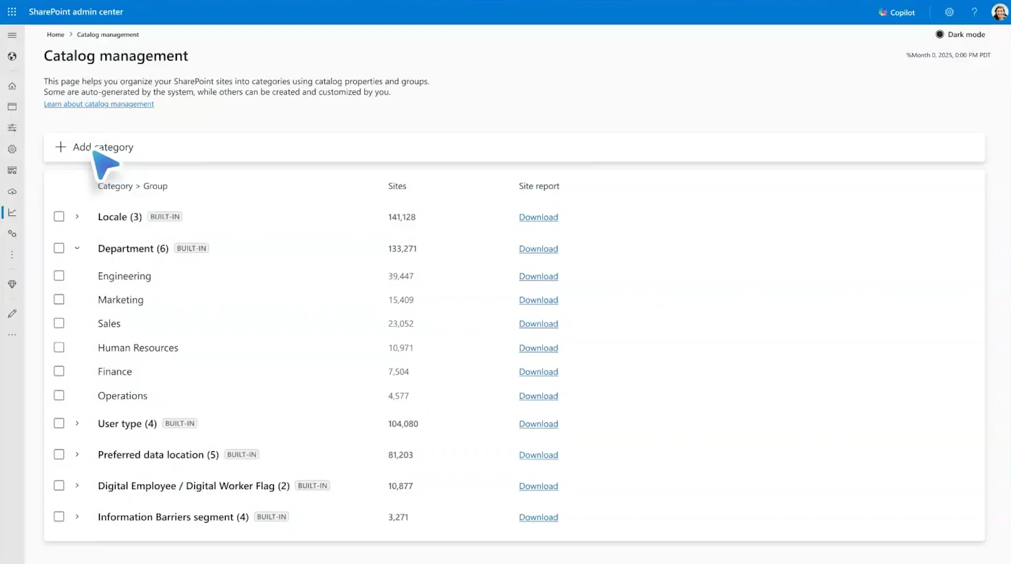 Catalog management category list with built-in categories and site counts