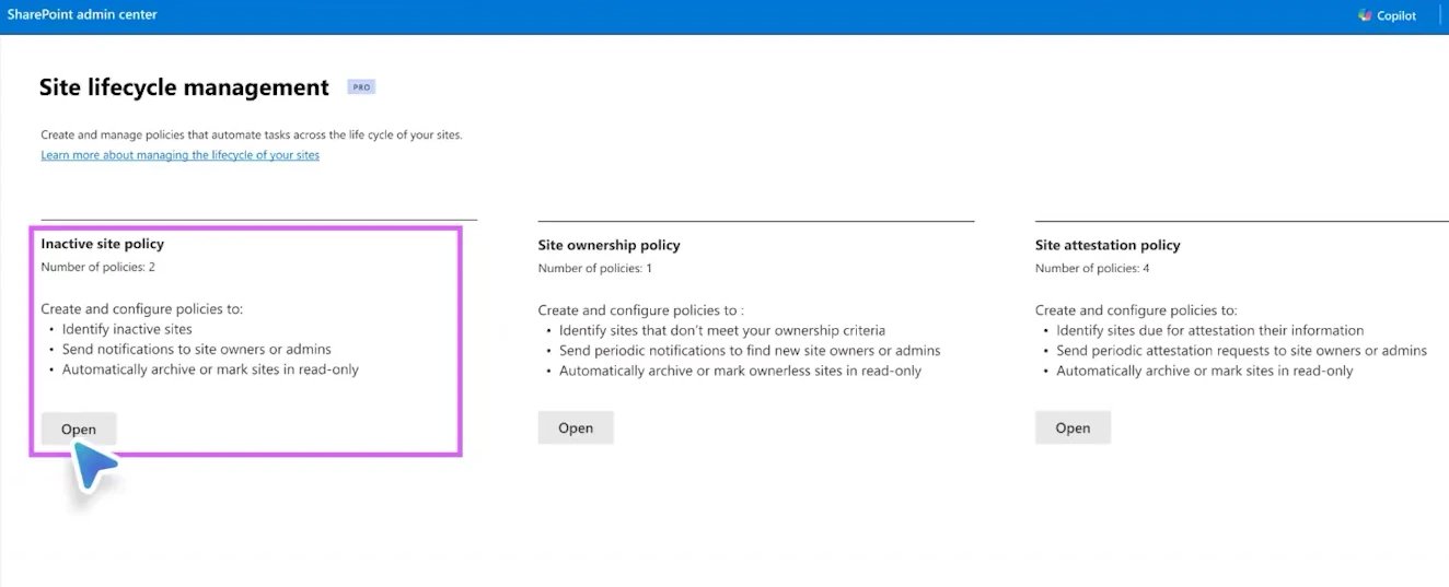 Site lifecycle management page in the SharePoint admin center showing all three policy cards,