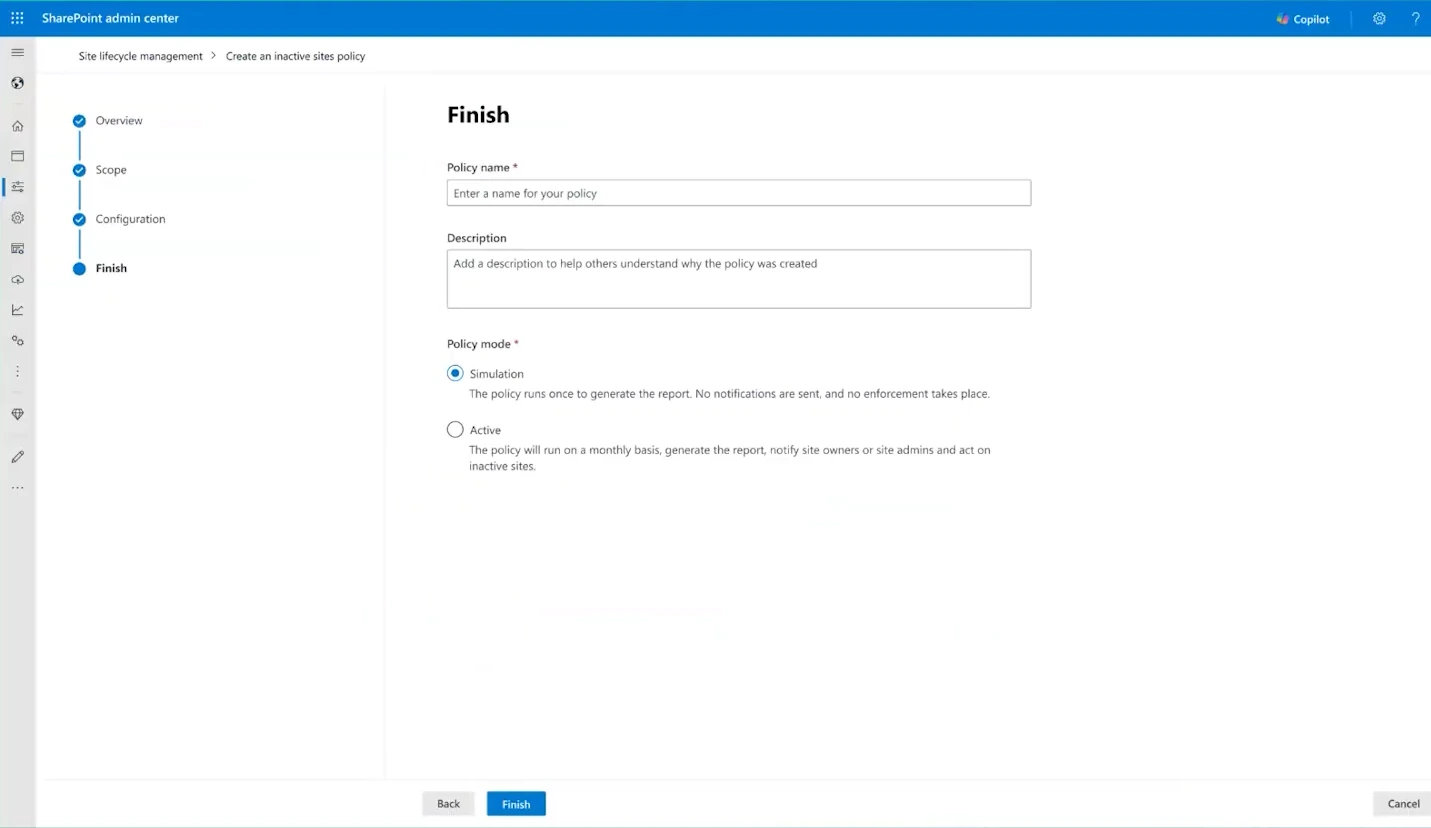 Policy mode selection on the Finish step, simulation versus active