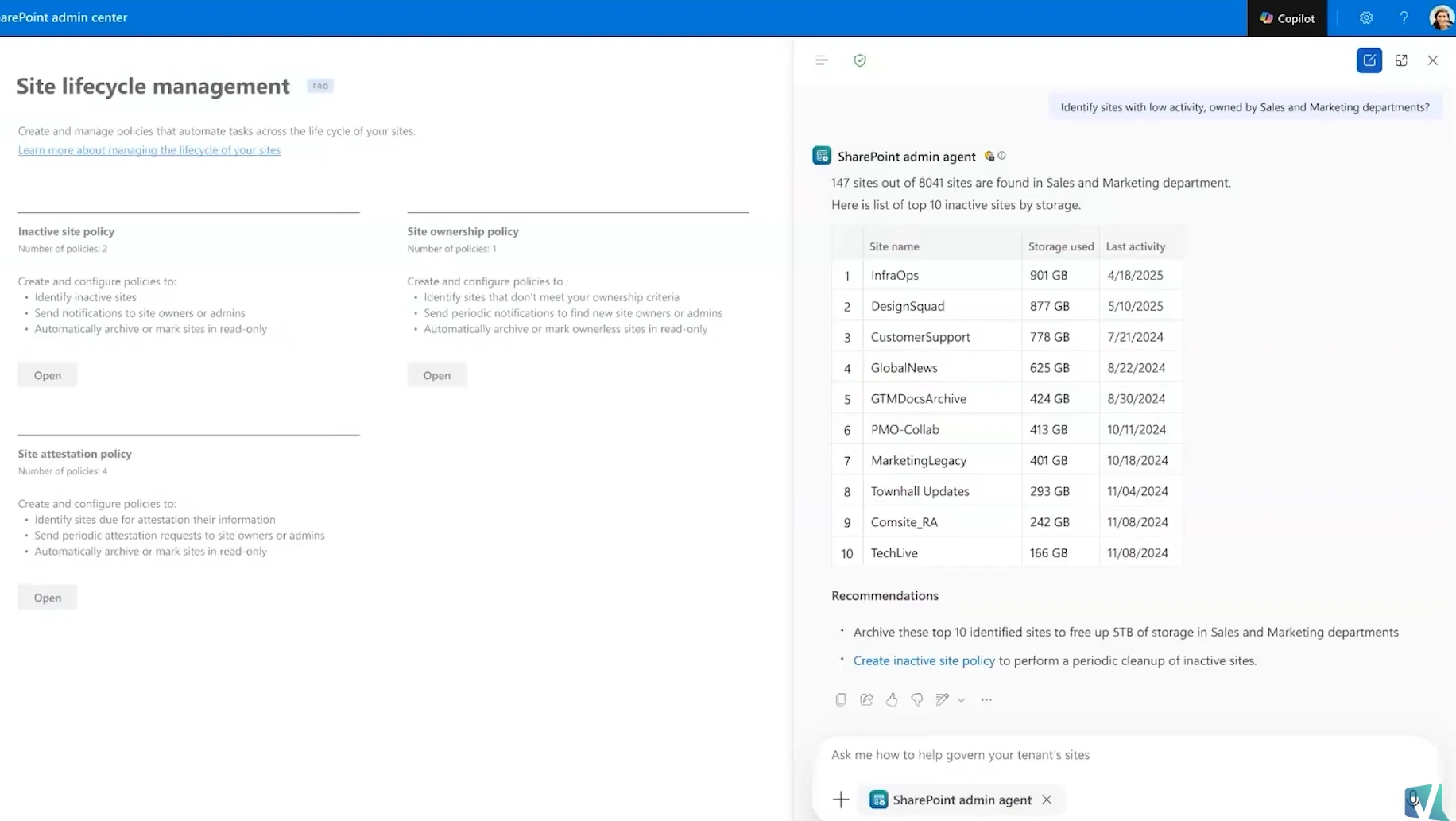 Inactive site policy execution report with the Action status column visible