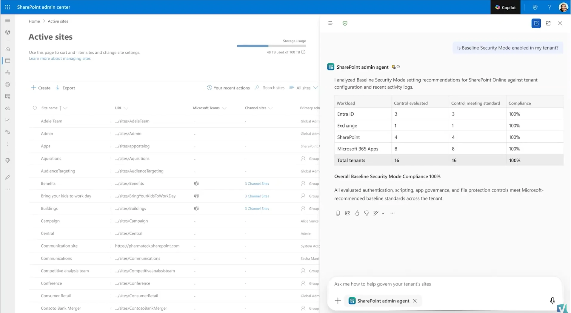 The SharePoint Admin Agent returning a Baseline Security Mode report card
