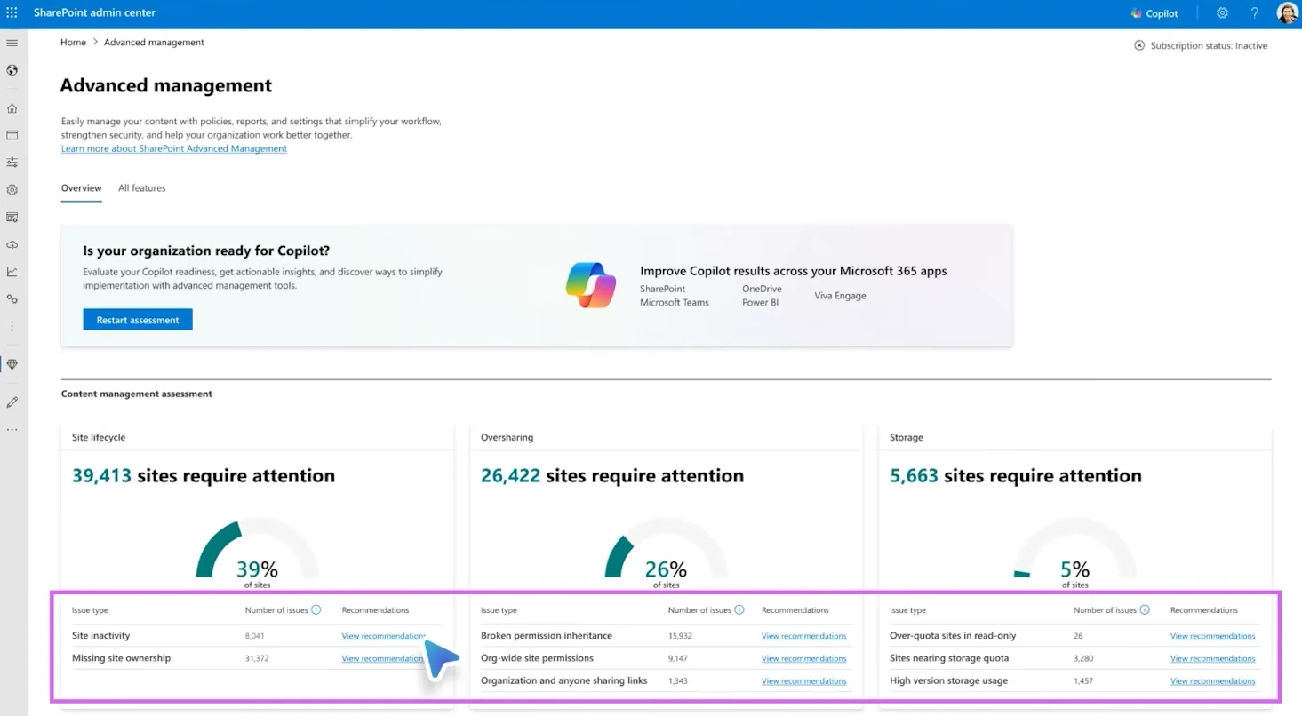 The content management assessment dashboard with impacted sites