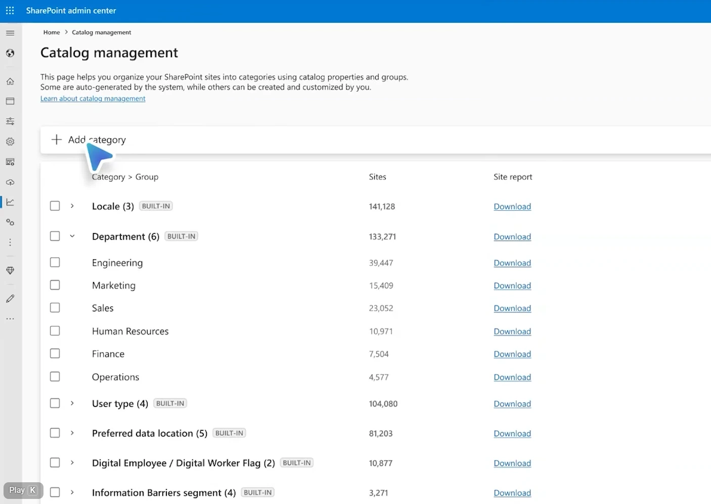Catalog management categories and groups in the SharePoint admin center