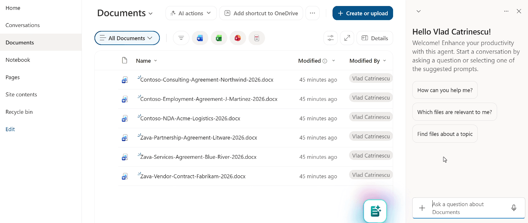 SharePoint document library with contracts and the AI in SharePoint chat panel open to build a SharePoint Skill