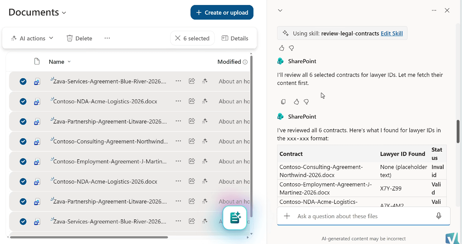 AI in SharePoint confirming the new contract review SharePoint Skill with its columns and steps