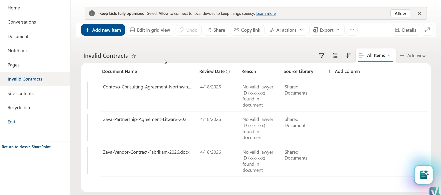 Generated Invalid Contracts list populated by a SharePoint Skill showing flagged documents and status