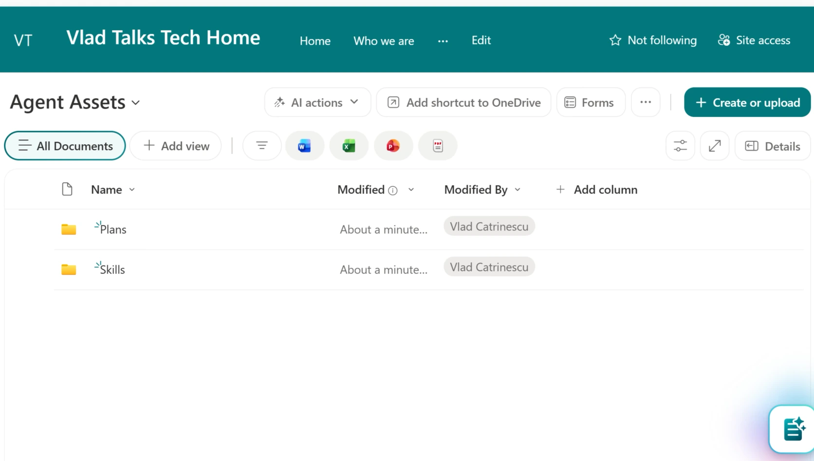 Agent Assets library in SharePoint showing Plans and Skills folders