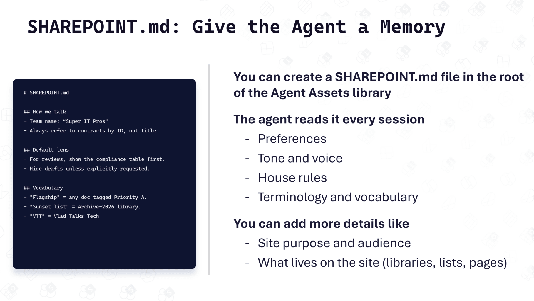 SHAREPOINT.md open in the new Microsoft Markdown editor showing split-pane context memory for a SharePoint site