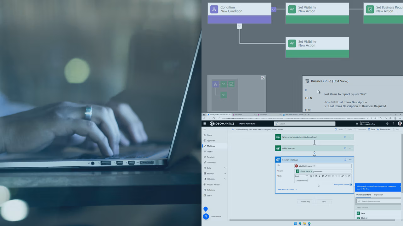 Pluralsight course artwork for Automating Business Processes Using Power Automate: hands on a laptop beside flow screens