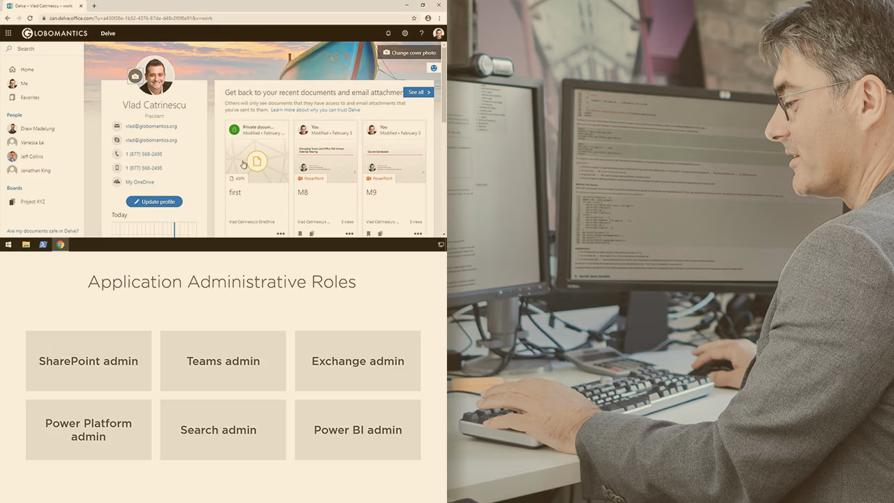 Pluralsight course artwork for Microsoft 365 Workload Integrations: a Delve profile page and admin role tiles