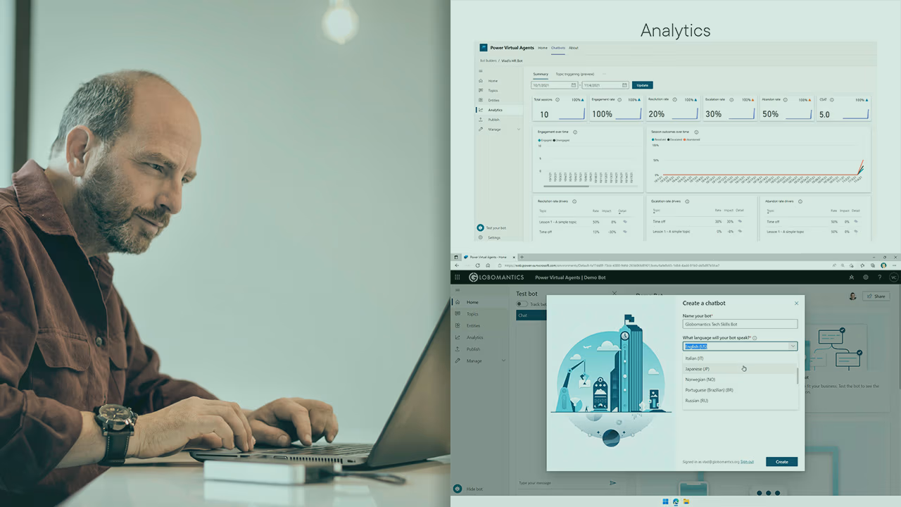 Pluralsight course artwork for Creating Chatbots with Power Virtual Agents: a man typing beside an analytics page and a bot