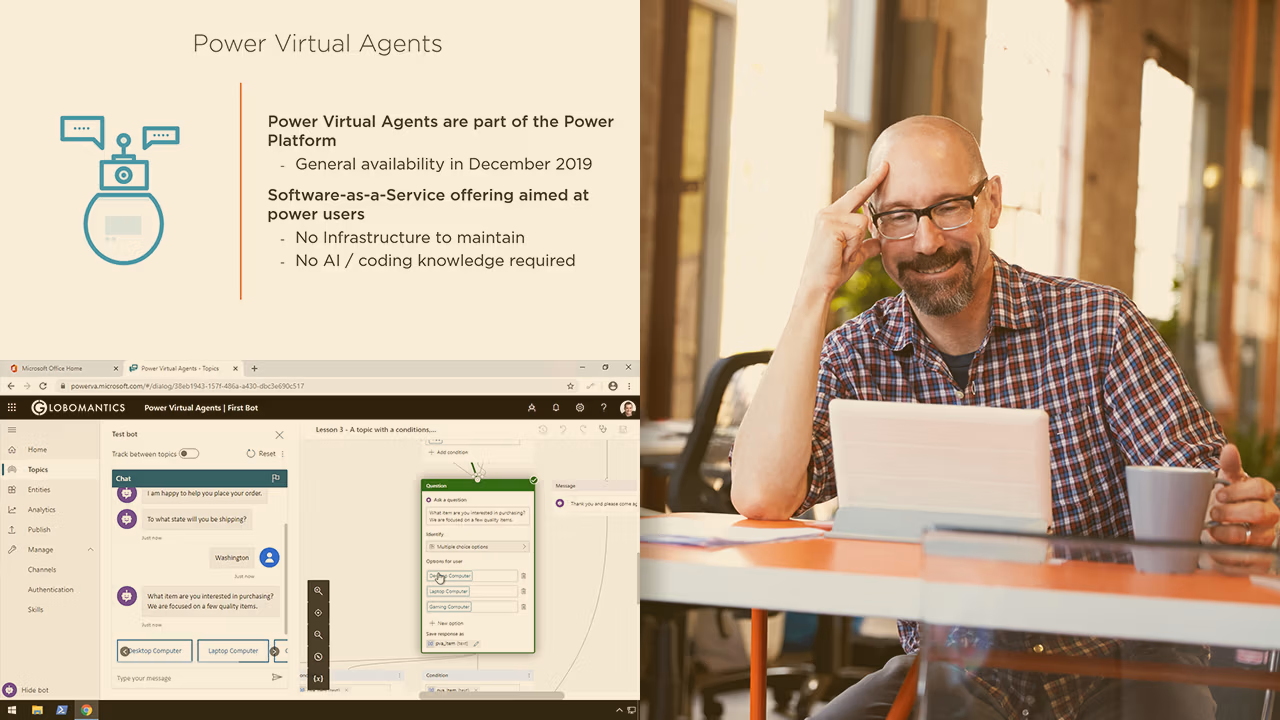 Pluralsight course artwork for the Business Value of Power Virtual Agents: a slide and a bot chat beside a smiling man