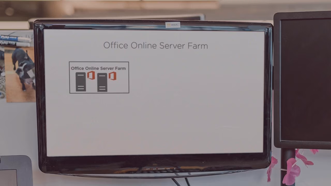 Pluralsight course artwork for Installing and Configuring Office Online Server: a monitor showing a server farm diagram