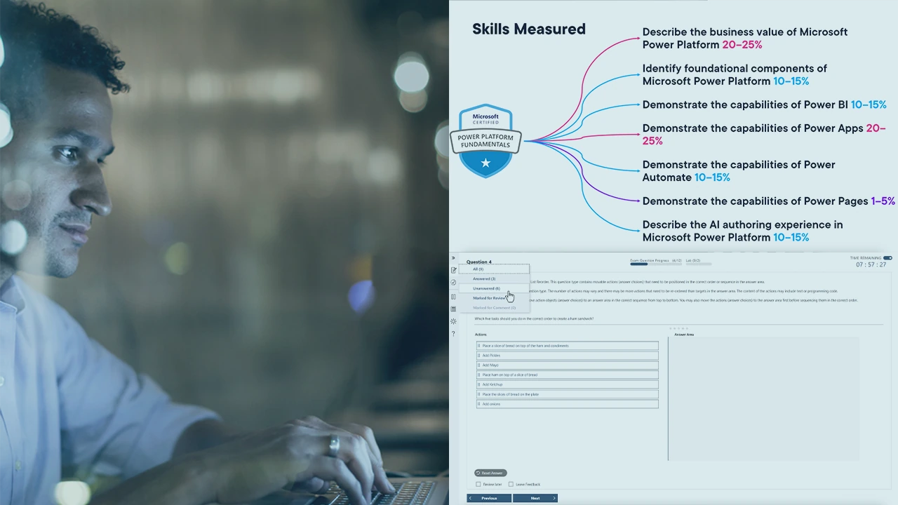 Pluralsight course artwork for the PL-900 introduction: a man at a laptop beside the Skills Measured mind map and a question