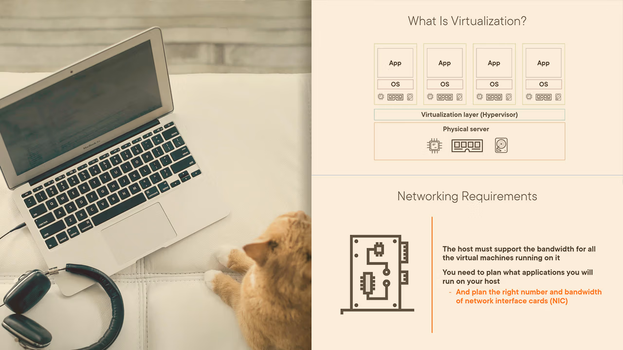 Pluralsight course artwork for Virtualization and Cloud Computing: a laptop and a cat beside a hypervisor diagram